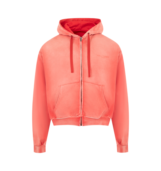 Image 1 of 2 - RED - MAISON MARGIELA Zip Sweatshirt featuring kangaroo pocket at the front, long sleeves, hooded neckline, center zipper closure and four stitches at the back. 100% cotton. Made in Italy.