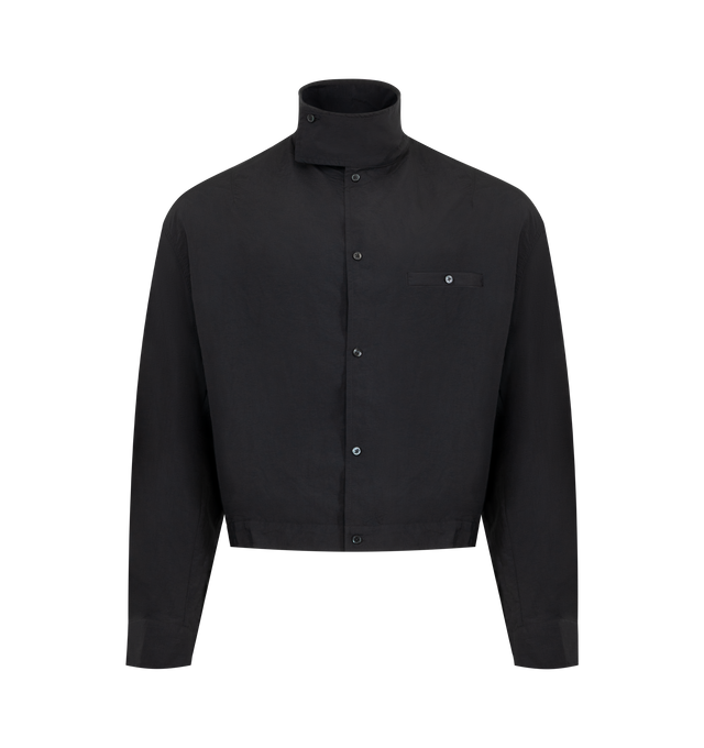 Image 1 of 3 - BLACK - JACQUEMUS Curvo Jacket featuring short fitted shape, lightweight technical fabric, asymmetric buttoned stand collar, rounded long sleeves with buttoned cuffs, buttoned welt chest pocket, fitted buttoned waistband, J" embroidery on the the back and Mother-of-pearl buttons. 96% polyamide, 4% polyurethane. Made in France.
