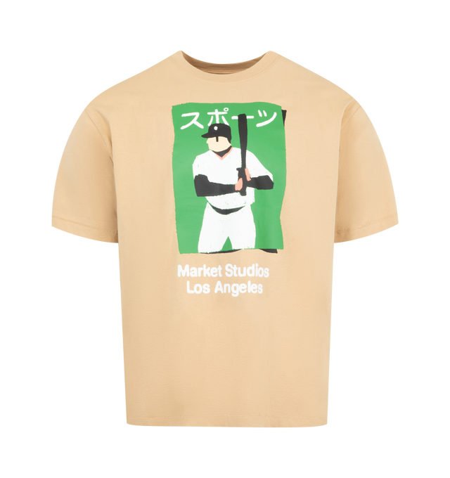 Image 1 of 2 - BROWN - MARKET Illustrated Baseball T-Shirt featuring crew neck, short sleeves, graphic on front and relaxed fit. 100% cotton.