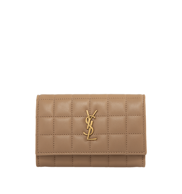 Image 1 of 3 - BROWN - SAINT LAURENT Envelope Small Wallet featuring quilted overstitching, leather lining, snap button closure, external back pocket, four card slots and one main compartment. 5.1 X 3.7 X 0.7 inches. 70% lambskin, 30% metal.