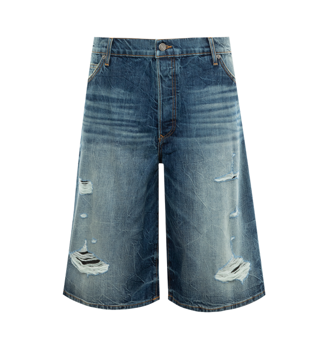 Image 1 of 3 - BLUE - COUT DE LA LIBERTE Zander Cirspy Denim Baggy Short featuring button front closure, 5 pocket styling, distressed throughout and wide leg. 100% cotton. Made In USA. 