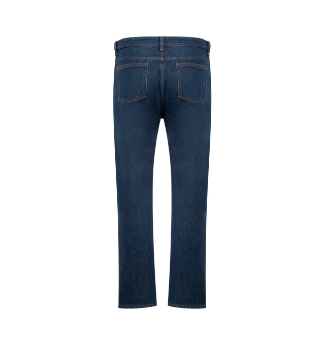 Image 2 of 3 - BLUE - THE ROW Riaco Jean featuring mid-rise jean in rinsed indigo cotton denim with slim leg, contrast topstitching and classic 5-pocket construction. 100% cotton. Made in Italy.