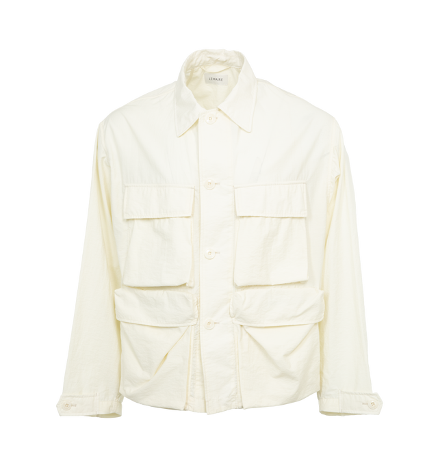 Image 1 of 6 - WHITE - LEMAIRE Light Field Jacket featuring relaxed fit, workwear collar, four 3D pockets, buttoned tabs at the cuffs, back yoke, corozo buttons, bottom of the jacket is elasticated in the back and unlined. 84% cotton, 16% polyamide. 