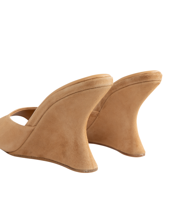 Image 3 of 4 - NEUTRAL - Aquazzura Bisous mules are crafted from suede featuring a peep-toe silhouette, sculptural 95mm / 3.8 inch high wedge heel, leather lining, leather insole and sole. Made in Italy.