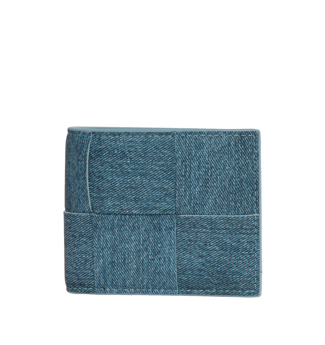 Image 1 of 3 - BLUE - BOTTEGA VENETA Intreccio woven denim-print leather Bi-fold wallet featuring interwoven texture, six interior card slots, debossed branding at interior, interior note compartment. Height 9cm, width 11cm. Made in Italy. 