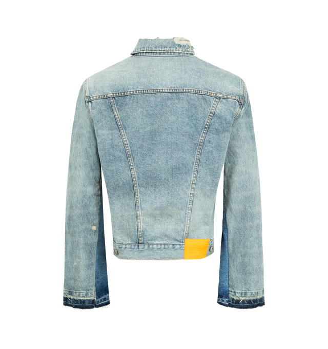 Image 2 of 2 - BLUE - GALLERY DEPT. Ford Trucker Jacket featuring denim jacket with flared sleeves, button-front flap pockets with GD custom hardware, inner shoulder pads, appliqud with our 'art on display' patch at the cuff and debossed tan leather GALLERY DEPT. jacron on the back. 100% cotton. Made in USA.