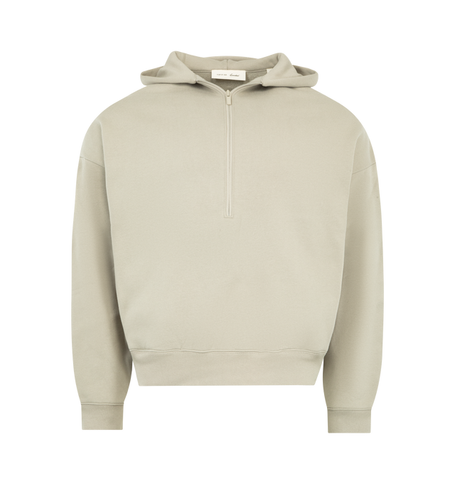 Image 1 of 3 - NEUTRAL - FEAR OF GOD ESSENTIALS Property Lounge Half Zip Hoodie heavy 480GSM core fleece, Essentials Property logo is branded on the back in a satin stitch, half zip front, double-layer hoodie, side pockets, rib-knit cuffs, waist-hem and an Essentials signature label on the hood edge. 80% cotton, 20% polyester.