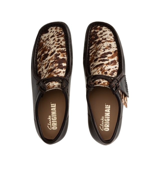 Image 4 of 4 - BROWN - CLARKS Wallabee Shoe featuring moccasin construction, hand stitched apron seam, leather side quarters with hair on speckled vamp, flat tonal lace, wo FOBS Clarks Originals and Wallabee and natural pebble crepe sole.
