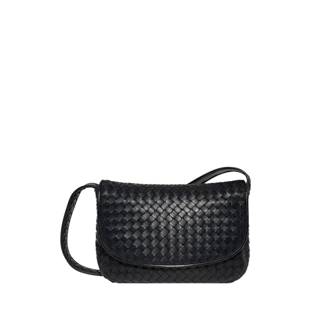 Image 1 of 3 - BLACK - Bottega Veneta Mens Veneto Messenger Bag is crafted from soft Intrecciato nappa leather. Features a rounded silhouette with flap closure, one interior zip pocket, one open pocket, suede lining, and silver-finish hardware. Main Material: Nappa Leather; Lining: Suede. Dimensions: 18.5 cm H x 26 cm W x 5 cm D (7.3" H x 10.2" W x 2"). Strap drop: 52 cm (20.5"). Made in Italy.