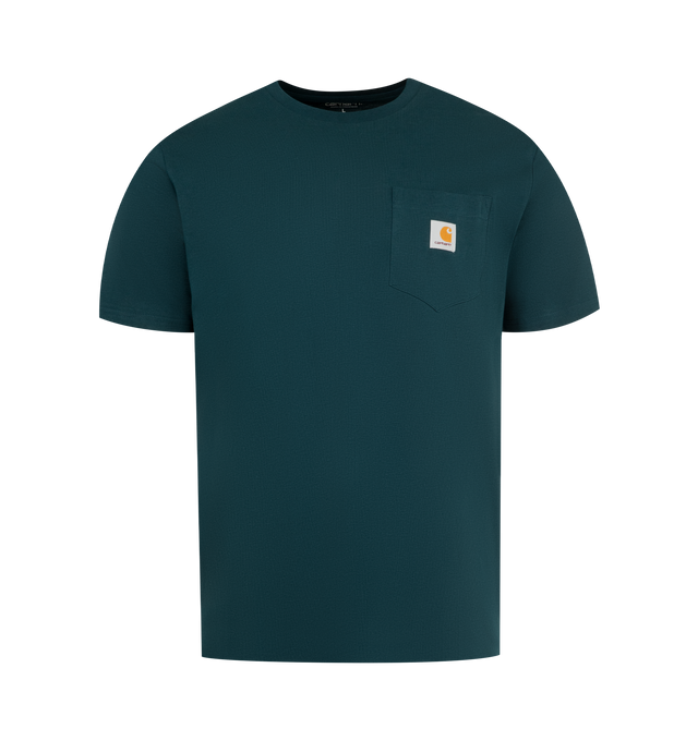 Image 1 of 2 - BLUE - CARHARTT WIP Pocket T-Shirt has a crew neck, chest pocket, and signature logo patch. 100% cotton.