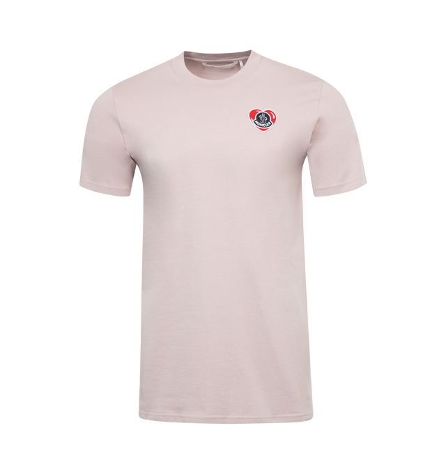 Image 1 of 2 - PINK - MONCLER Heart Logo T-Shirt featuring cotton jersey, crew neck, short sleeves and logo patch on the chest. 100% cotton. Made in Turkey. 