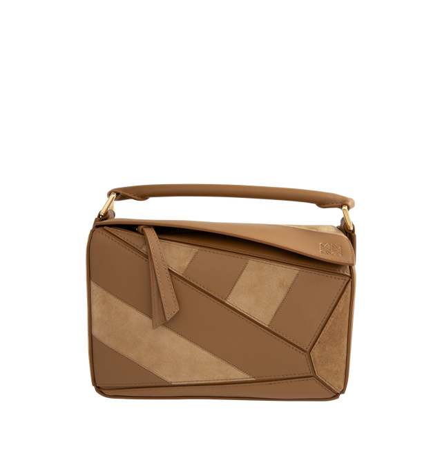 Image 1 of 3 - BROWN - LOEWE Small Puzzle Bag in classic calfskin and suede featuring distinctive geometric lines and cuboid form, intarsio stripes in a colourway-specific pattern, shoulder, crossbody or hand carry, detachable and adjustable strap, zip closure with calfskin pull, one external zip rear pocket, one internal slip pocket, suede lining and embossed Anagram. Classic Calf/Suede. 16.5 cm x 24 cm x 10.5 cm. Made in Spain.