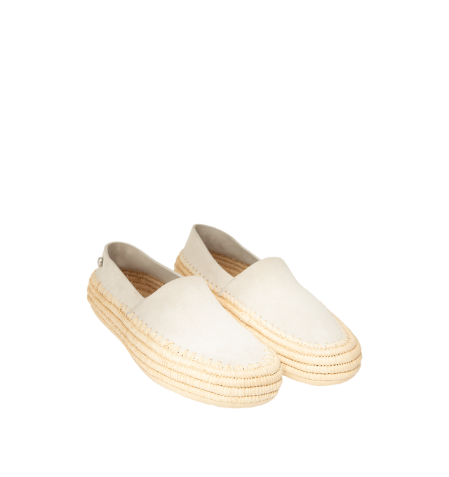 Image 2 of 4 - GREY - Loewe Mens Slippers are crafted from suede and raffia. Feature handcrafted raffia embroidery, rounded toe, engraved Anagram pebble detail, padded leather insole, embossed Anagram rubber outsole, and a 0.5 cm heel height. Main Material: Suede, Raffia. Made in Spain.