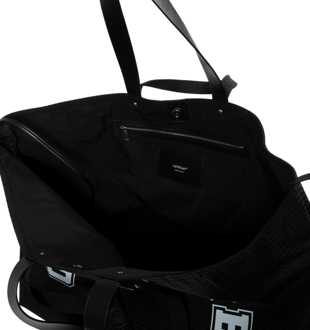 Image 3 of 3 - BLACK - OFF-WHITE DAY OFF MESH BASEBALL TOTE BAG has a textured mesh finish with a large printed logo on the front and the number 23 on the back. It features both short handles with decorative extensions and longer shoulder straps. Lining: 100% Polyester. Outer: 100% Polyester. Outer: 100% Leather. 