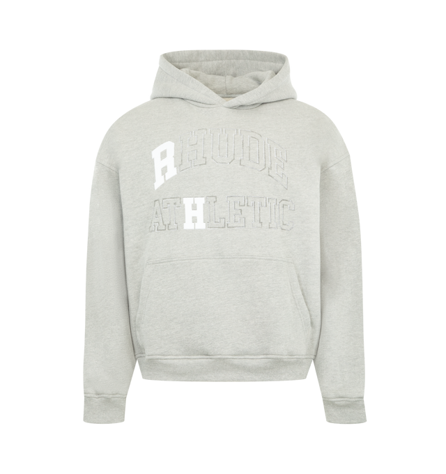 Image 1 of 2 - GREY - RHUDE Athletic Hoodie featuring front pouch pocket, ribbed cuffs and hem and hood. 90% cotton, 10% polyester.