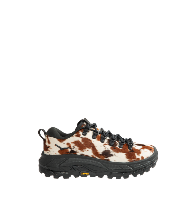Image 1 of 5 - BROWN - HOKA Tor Summit+ Pony Hair Sneaker featuring pony hair leather upper, metal eyelets + hiking-style lacing system, Vibram Megagrip outsole for traction on varied terrain, cushioned midsole for long-wear comfort, pull tabs at heel and tongue for easy entry and ;ow-cut hiking silhouette.