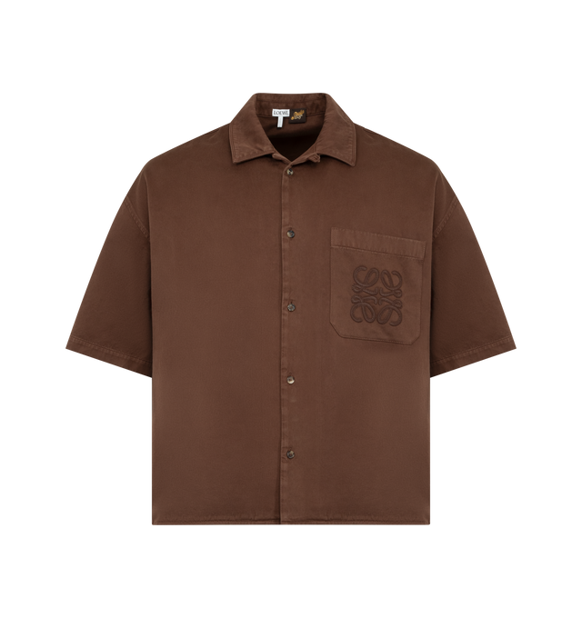 Image 1 of 2 - BROWN - LOEWE PAULA'S IBIZA Short sleeve shirt in lightweight washed cotton satin, relaxed fit, regular length, camp collar, button front fastening, chest patch pocket and anagram crafty embroidery placed on the chest pocket. Cotton. Made in Italy.