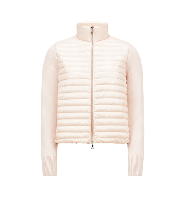 Image 1 of 2 - PINK - MONCLER Padded Wool Zip-Up Cardigan featuring ultra-fine wool, nylon lger lining, down-filled nylon lger front, plain knit, gauge 14, zipper closure and zipped pockets. 100% polyamide/nylon. 100% virgin wool. Padding: 90% down, 10% feather. Made in Moldova.