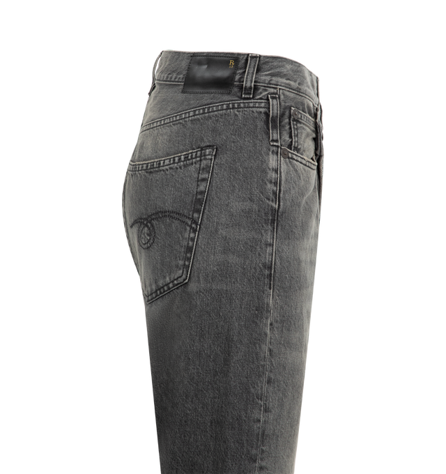 Image 3 of 3 - BLACK - R13 Crossover Jeans featuring fading, whiskering, and distressing throughout, belt loops, five-pocket styling, offset button-fly, raw edge at rolled cuffs and logo patch at back waistband. 100% cotton. Made in Italy.