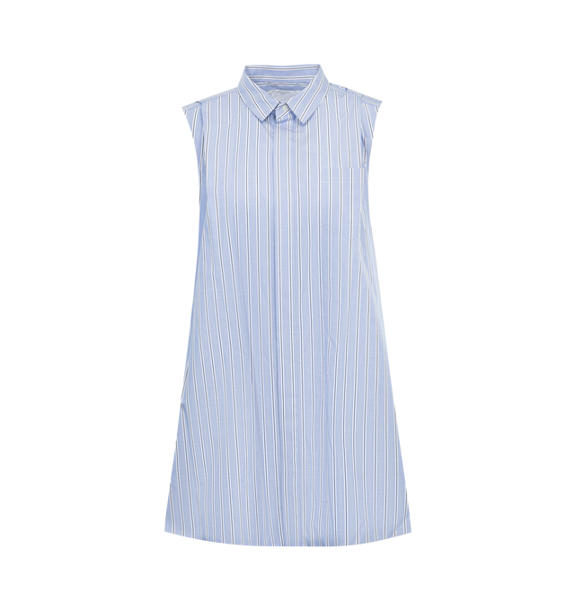Image 1 of 3 - BLUE - SACAI Cotton Poplin Shirt Dress featuring classic collar, sleeveless, a patch pocket on the front, concealed button closure on the front and asymmetric hem. 65% polyester, 35% cotton. Made in Japan. 