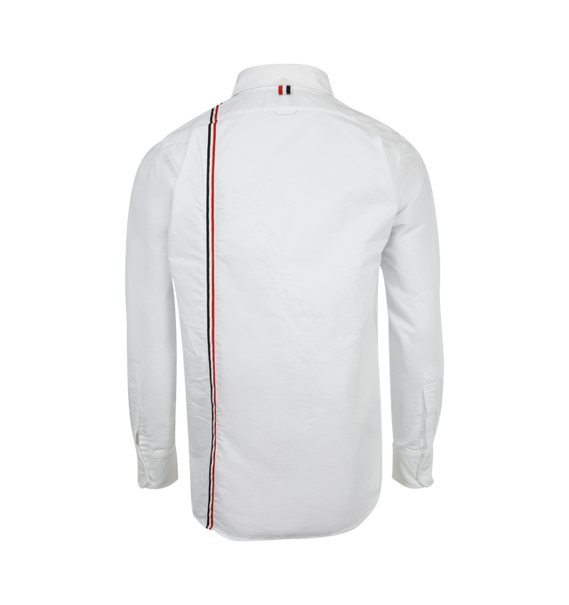 Image 2 of 2 - WHITE - THOM BROWNE Straight Fit Button Down featuring grosgrain ribbon trim, RWB stripe, button-down collar, front button fastening, chest patch pocket, long sleeves, buttoned cuffs and curved hem. 100% cotton. Made in Italy.