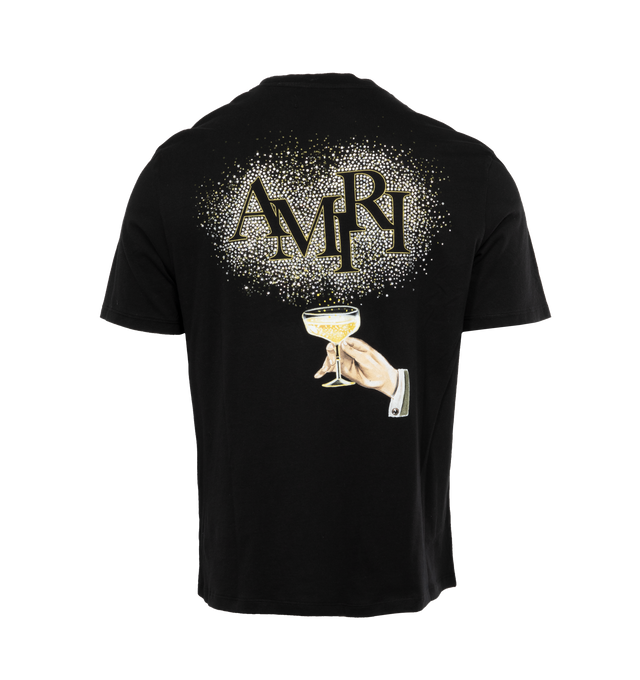 Image 2 of 4 - BLACK - AMIRI CRYSTAL CHAMPAGNE TEE has a bold Amiri logo lettering and a graphic motif on the back in a yellow gold color. This soft style provides an effortless fit, crewneck, short sleeves and pulls over. 100% cotton. 