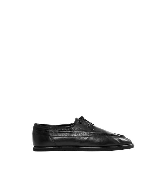 Image 1 of 4 - BLACK - AURALEE Soft Leather Deck Shoes featuring open lacing, round toe and woven boat shoe details. Calf leather. Made in Japan.