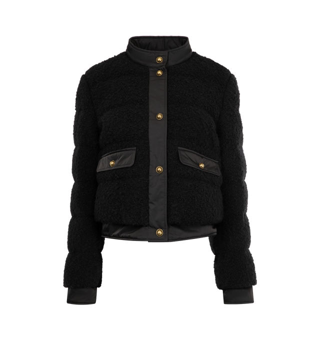 Image 1 of 3 - BLACK - MONCLER Blandy Wool Blend Boucl Short Down Jacket featuring wool blend boucl, longue saison lining, micro gabardine collar, front and cuffs, down-filled, pockets with snap button closure and leather logo patch. 41% acrylic, 35% wool, 24% polyester. Lining: 100% polyamide/nylon. Padding: 90% down, 10% feather. Made in Romania.