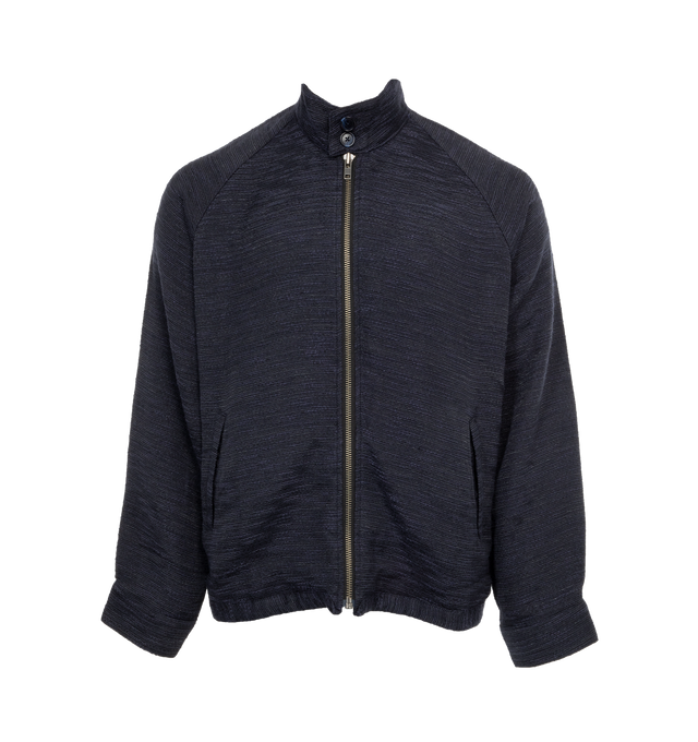 Image 1 of 4 - NAVY - LITE YEAR Harrington Jacket featuring antique nickel zipper closure, fully finished with side pockets and buttons on cuff and Japanese Dyed Stretch Mixed Tweed fabric. 62% polyester, 37% cotton, 1% PU.  