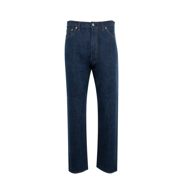 Image 1 of 3 - BLUE - KAPTAIN SUNSHINE 5 Pocket Zipper Front Denim Pants featuring East Coast wide fit, wide in the thigh and tapered throughout with a relaxed fit, 13.5 ounces of selvedge denim, zip fly and 5-pocket construction. 100% cotton. Made in Japan.