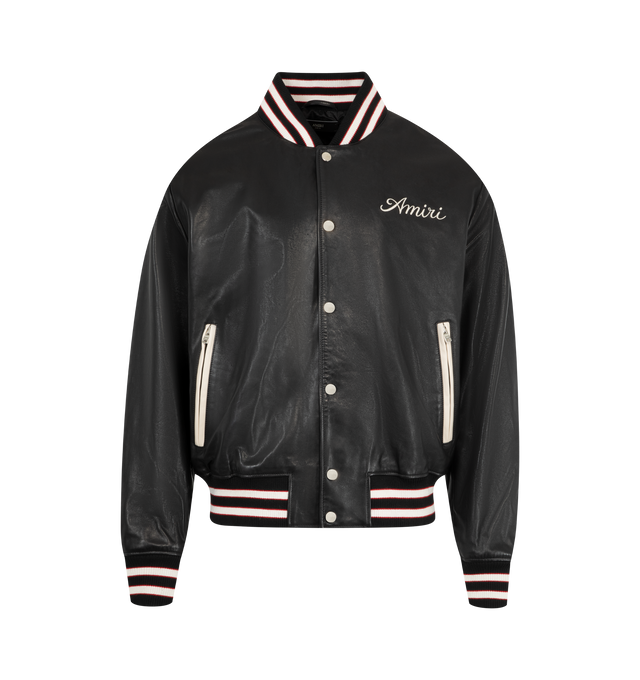 Image 1 of 3 - BLACK - AMIRI Club Amiri Leather Varsity Jacket featuring welt zipper pockets, snap button closure, and banded rib finishes. 100% leather. Lining: 100% viscose.