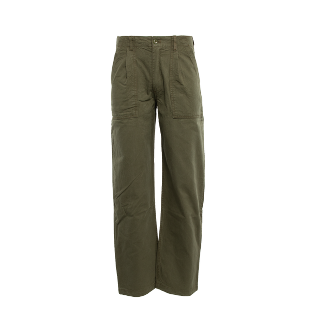 Image 1 of 3 - GREEN - NOAH Pleated Fatigue Pants featuring patch pockets on front with pleat, zip-fly and button-closure and patch flap pockets with button-closure on back. 100% cotton Japanese twill. Made in Portugal.  