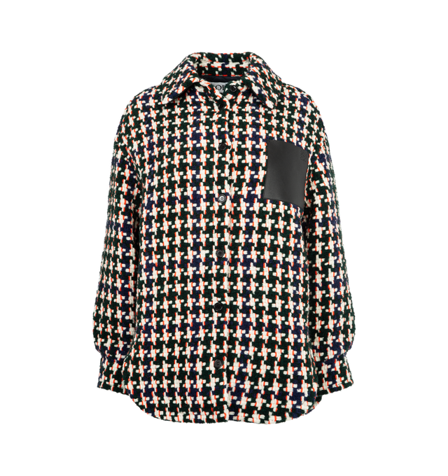 Image 1 of 3 - MULTI - LOEWE Overshirt in medium-weight wool tweed featuring an houndstooth pattern, an inside padded construction, relaxed fit, long length, classic collar, button front fastening, buttoned cuffs and anagram embossed leather patch pocket placed on the chest. Wool/polyester. Made in Italy.