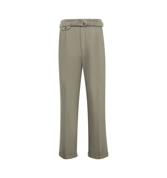 Image 1 of 3 - GREEN - Kaptain Sunshine Belted Riviera Pantalon featuring relaxed fit with a semi-tapered leg, inside two pleats for added volume, integrated belt for a secure fit, one-wash treatment for a vintage-inspired look and double-cuffed hem for a polished finish. 100% cotton. Made in Japan.