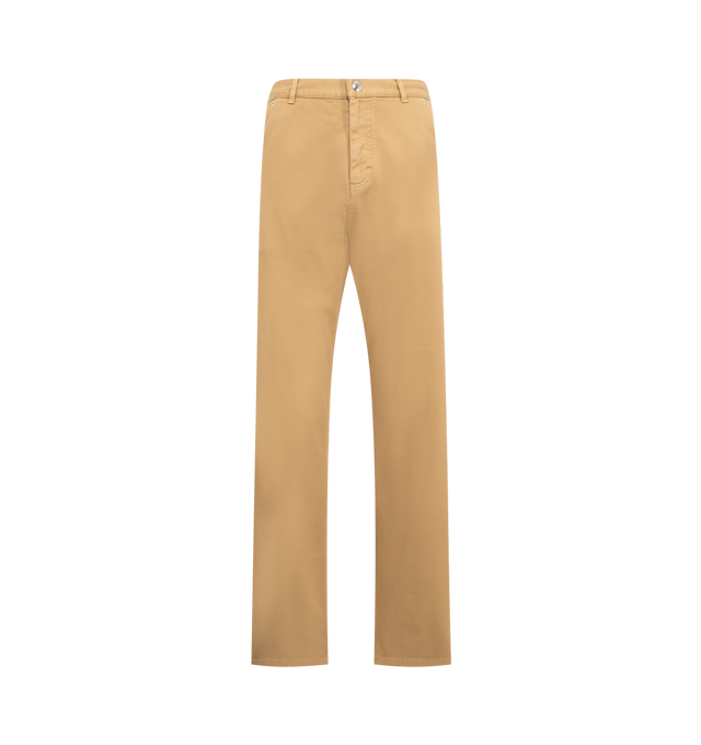 Image 1 of 3 - BROWN - MONCLER Cargo Cotton Blend Gabardine Pants featuring a cotton blend gabardine, waistband with drawstring fastening, zipper closure, back pockets and logo patch. 98% cotton, 2% elastane/spandex.