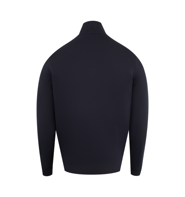 Image 2 of 3 - NAVY - MONCLER Quarter Zip Sweatshirt featuring logo on front, logo patch on sleeve, long sleeves, ribbed hem and cuffs and quarter zip collar.