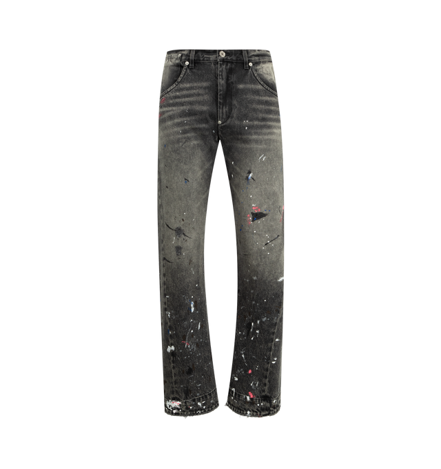 Image 1 of 3 - BLACK - GALLERY DEPT. Zip Denim Pant featuring loose, baggy fit, intentionally twisted seams on leg panels, GD custom hardware, embroidered GD pin detailing on the coin pocket, hand-painted and debossed tan leather GALLERY DEPT. jacron on the back waistband. 100% cotton. Made in USA.