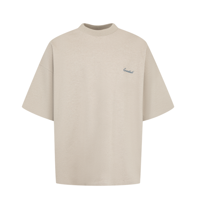 Image 1 of 2 - NEUTRAL - Fear of God ESSENTIALS Men's Signature 90s Relaxed Tee is crafted from a medium-weight cotton-blend pique knit and features an oversized 90s-inspired silhouette with dropped shoulders and relaxed proportions. Designed with minimalist branding, this elevated everyday essential is finished with an embroidered signature logo at the front, a rib-knit crew neckline, and a signature label at the back collar. Main Material: 80% Cotton, 20% Polyester, 265 GSM.