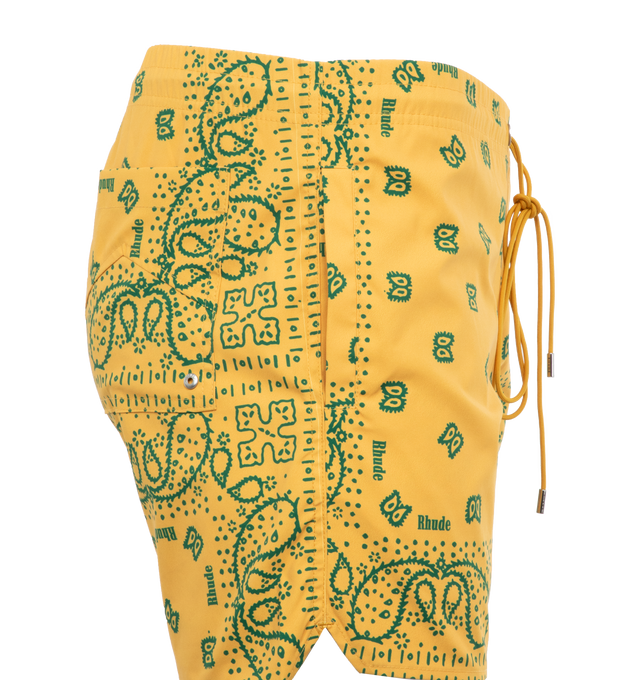 Image 3 of 4 - YELLOW - RHUDE Bandana Swim Short featuring pull-on styling with elastic waistband and front drawstring tie closure, mesh brief lining, 3-pocket styling and lightweight ripstop fabric. 100% polyester. Lining: 85% nylon, 15% spandex. 