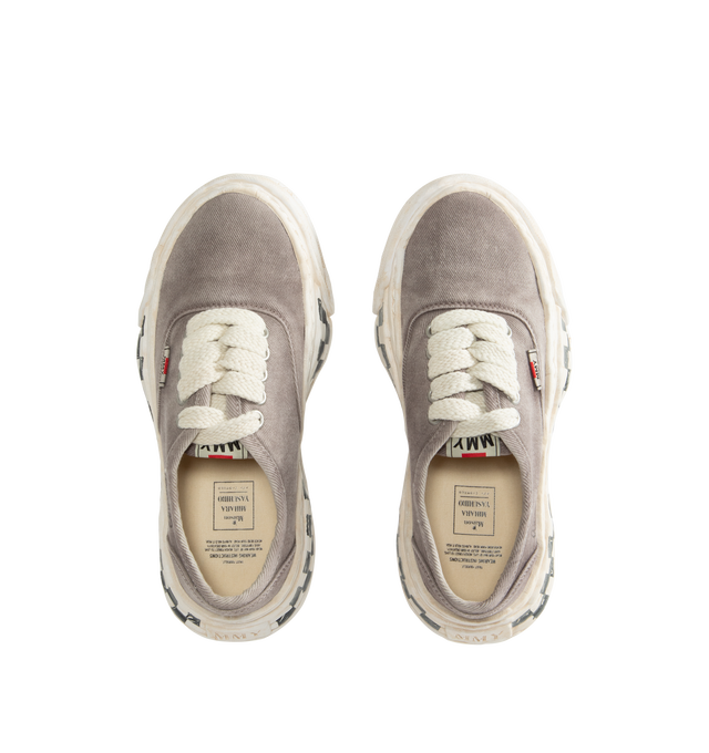 Image 5 of 5 - GREY - Maison Mihara Yasuhiro Men's Baker26 Graffiti Sole Low-Top Sneakers feature the brand's signature OG sole with graphic details, a graffiti-printed canvas upper, and a bold low-top silhouette for a contemporary statement look. Main Material: 100% Cotton Upper. Sole: Rubber.