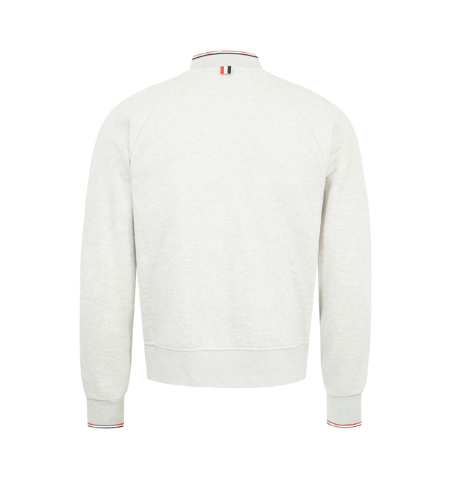Image 2 of 3 - GREY - THOM BROWNE Pique Loopback Bomber Sweatshirt featuring french terry sweatshirt, rib-knit stand collar, hem, and cuffs, stripes at collar and cuffs, two-way zip closure, welt pockets and logo patch at front and tricolor grosgrain flag at back collar. 100% cotton. Made in Japan.