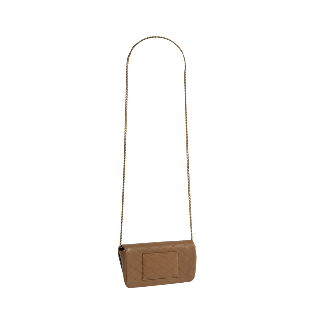 Image 2 of 3 - BROWN - SAINT LAURENT Chain Phone Holder with front flap and snap closure, bronze-tone hardware, and a single flat pocket at the back. Adorned with the Cassandre and diamond quilted over-stitching. Features a 20.1 inch drop chain shoulder strap.  Measures 7.5 X 3.9 X 1.8 inches. 90% lambskin, 10% metal. Made in Italy.  