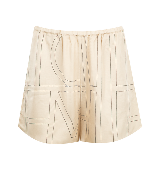 Image 1 of 3 - WHITE - TOTME Monogram Silk PJ Shorts have an elastic waist, all-over monogram print, side pockets, and curved hem. 100% silk.