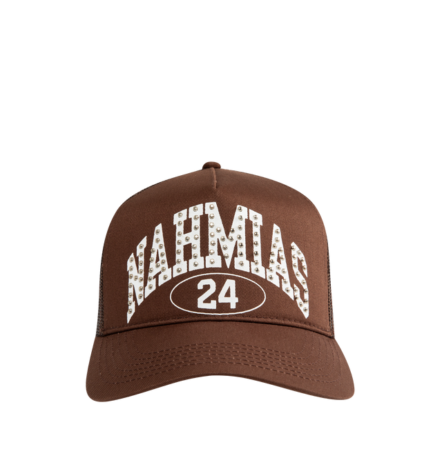 Image 1 of 2 - BROWN - NAHMIAS Studded Nahmias Marquee Trucker Hat featuring 5 panel hat, logo marquee motif on front, studded logo, adjustable snap closure. 57% cotton, 43% nylon.