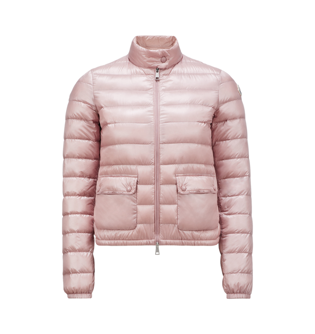 Image 1 of 1 - PINK - MONCLER Lans Short Down Jacket featuring tech fabric with down fill, standup collar featuring snap buttons, zip-up closure, flap pockets and logo patch at sleeve. 100% polyamide/nylon. Padding: 90% down, 10% feather. Made in Armenia.