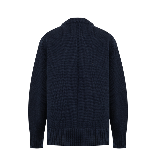 Image 2 of 2 - NAVY - The Row women's Oversized crewneck sweater in midweight wool and cashmere with ribbed neckline, cuffs, and hem, bell-shaped sleeves, and signature center back detail. 65% Wool, 35% Cashmere. Made in Italy.