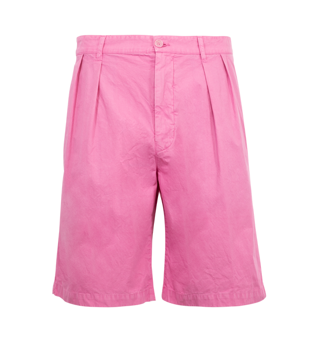 Image 1 of 3 - PINK - ASPESI Bermuda Shorts featuring garment-dyed cotton canva, a double front pleat, side pockets, welt pockets on the back, zip and button fastening and loose fit. 100% cotton.