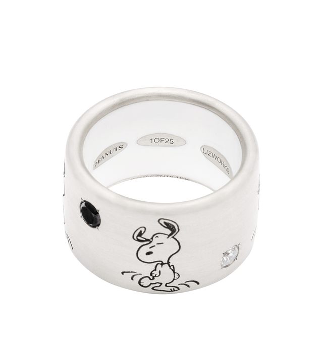 Image 2 of 3 - SILVER - LIZWORKS X PEANUTS Jazz Snoopy White Gold Comic Strip Ring Band featuring 18k white gold ring with black and white diamonds and white enamel. 13.5 mm. Hirshleifers offers a range of initial pieces from this collection in-store. For personal consultation and detailed information about jewelry, please contact our dedicated stylist team at personalshopping@hirshleifers.com. This item may be restricted for online purchase to international clients. For assistance purchasing this item plea