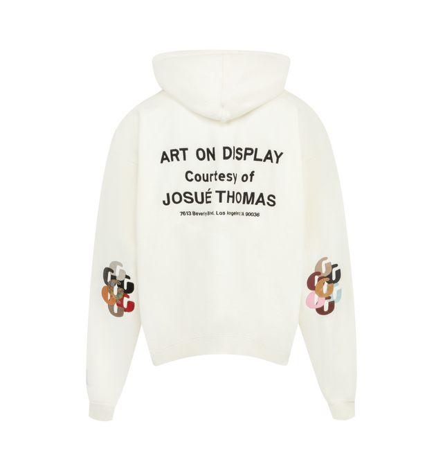 Image 2 of 3 - WHITE - GALLERY DEPT. Studio Hoodie featuring oversized fit, 'Studio' chain-stitch embroidery and a printed GD logo on the front, large 'Art on Display' embroidery on the back, front kangaroo pocket, signature 'art on display' patch appliqud at the cuff and embellished with several leather G-PATCHES on both elbows with a one-of-a-kind carefully curated patch assortment. 100% cotton. Made in USA.