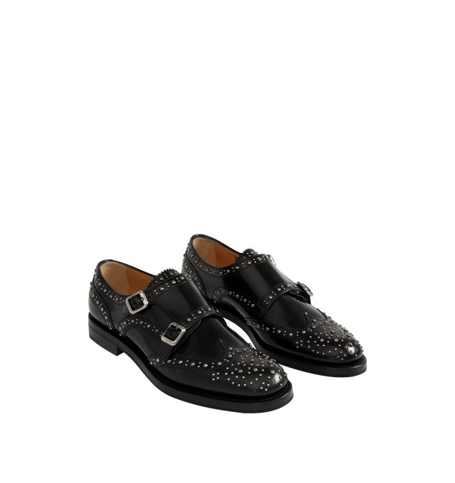 Image 2 of 4 - BLACK - CHURCH'S Lana Met Shoe featuring full brogue double monk strap, calf leather with polished binder finish, silver-tone buckles, stud detailing and diamond rubber sole.